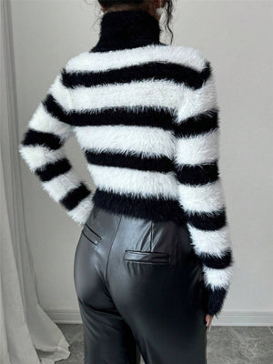 Turtleneck Color-blocked Stripes Knitted Sweater
