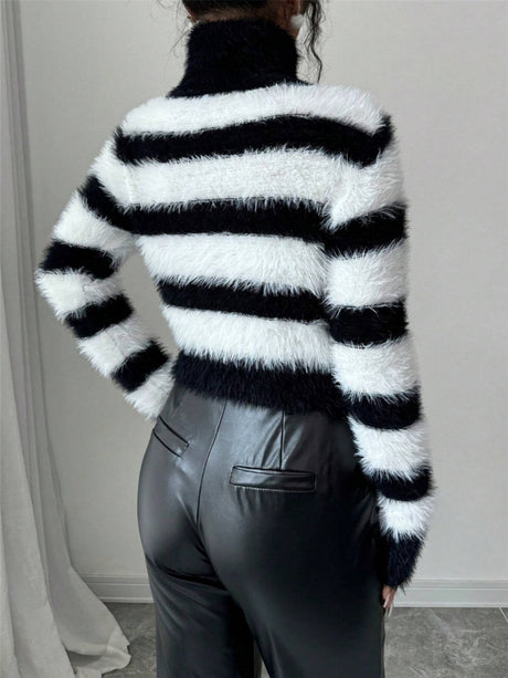 Turtleneck Color-blocked Stripes Knitted Sweater