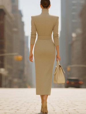 Hip-hugging Slit V-neck Belts&Chain Midi Dresses