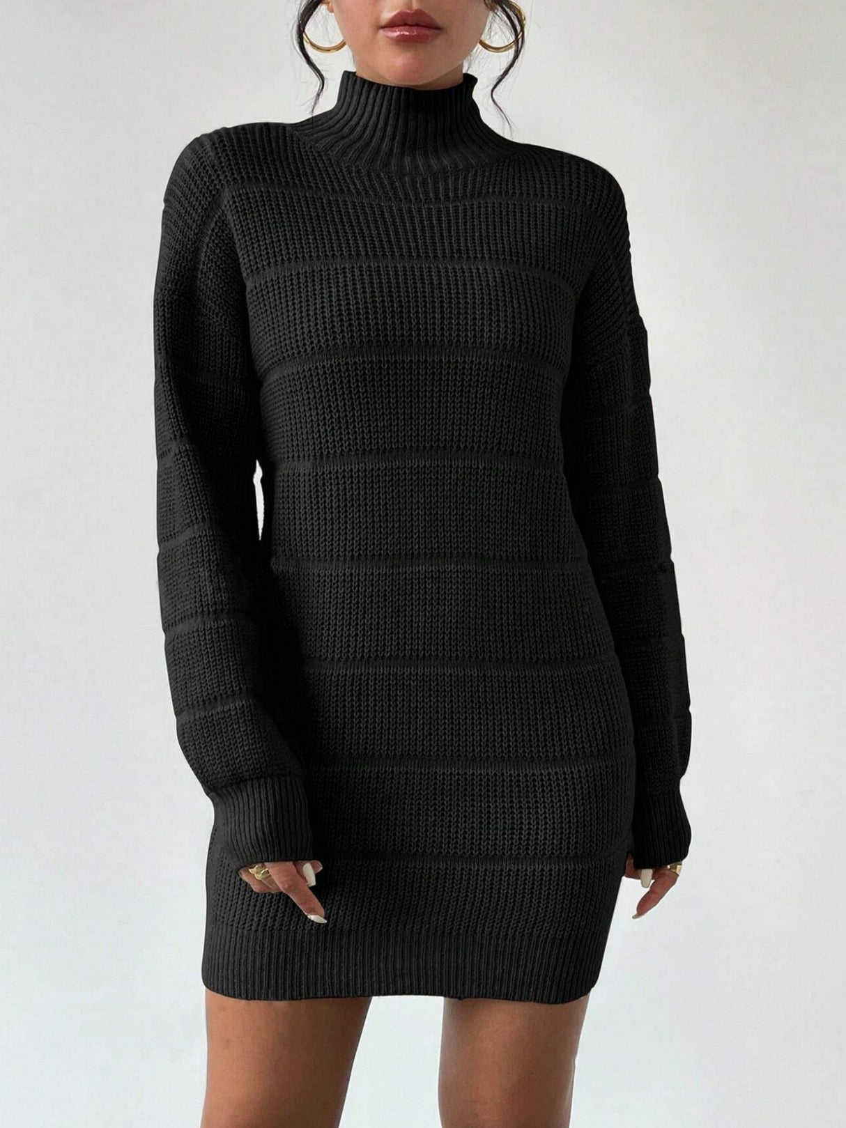 High Collar Long Sleeve Waist-cinching And Hip-hugging Knitted Sweaters Midi Dresses