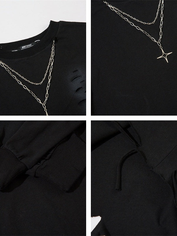 Solid Color Hole Necklaces Oversie Hip Hop Long-sleeved T-shirt