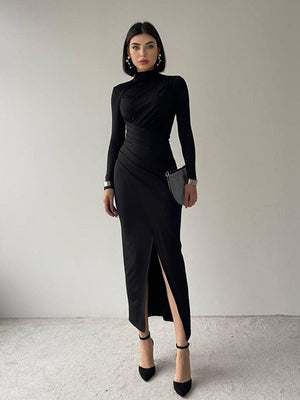 High Collar Black High Slit Evening Long Dress