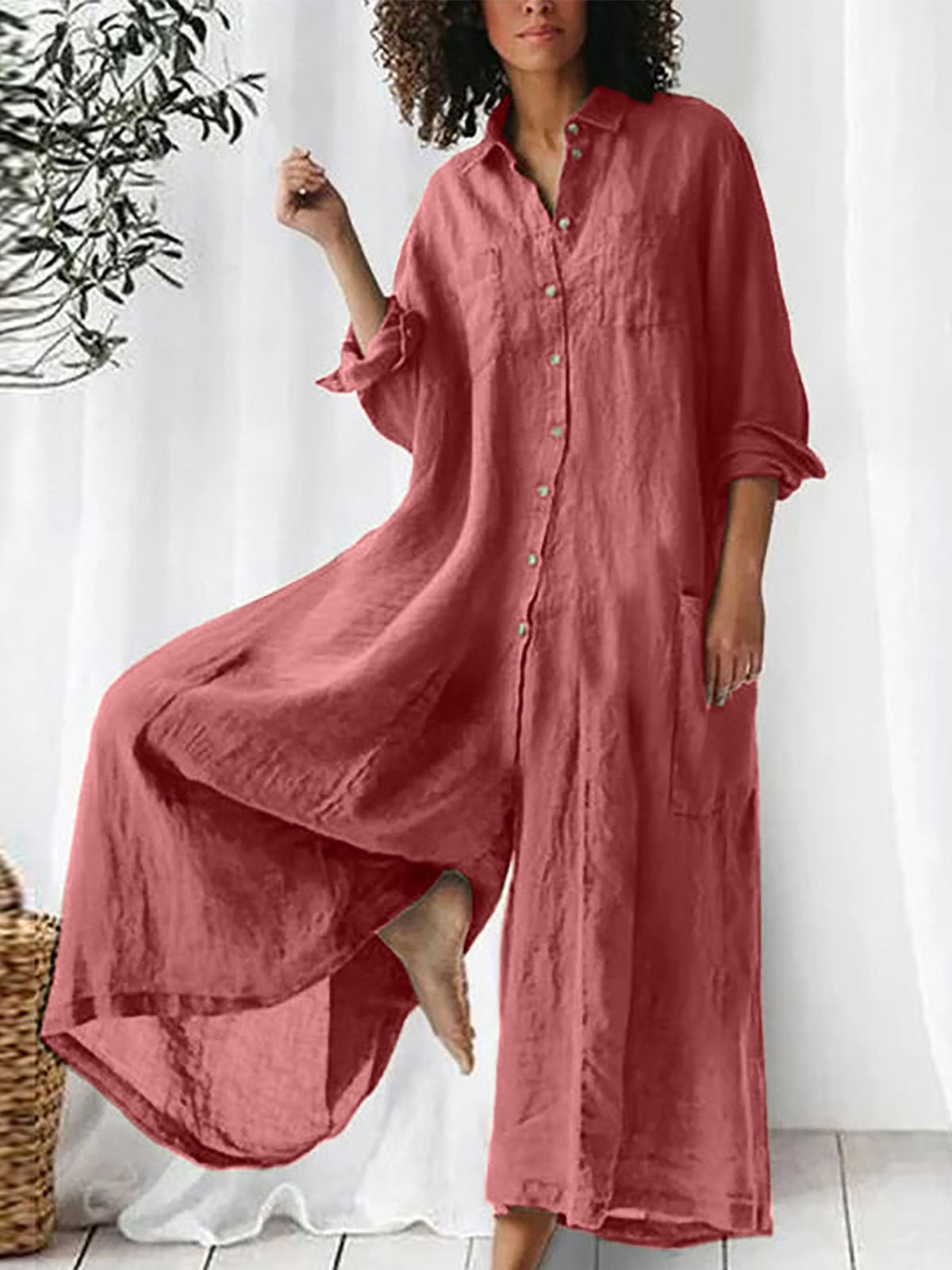 Long-sleeved Mid-length Cotton Linen Shirt Jumpsuit