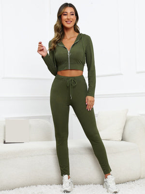 Jacket Skinny Jeans, Zip-up Cropped Hoodie Rib Casual Sportswear Two-piece Set