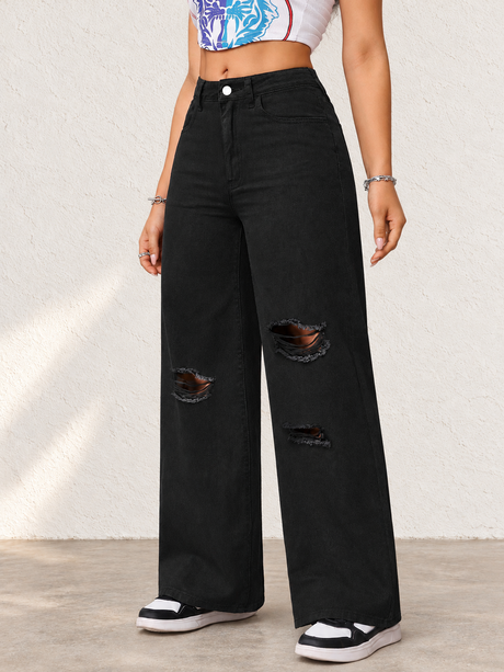 Women's Light-colored Washed Distressed Wide-leg Jeans For Autumn And Winter