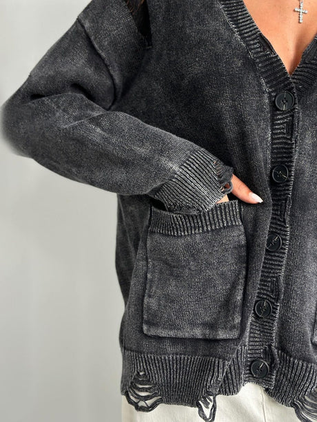 Liber Autumn women's washed and distressed clothing V-neck hand-distressed cardigan sweater