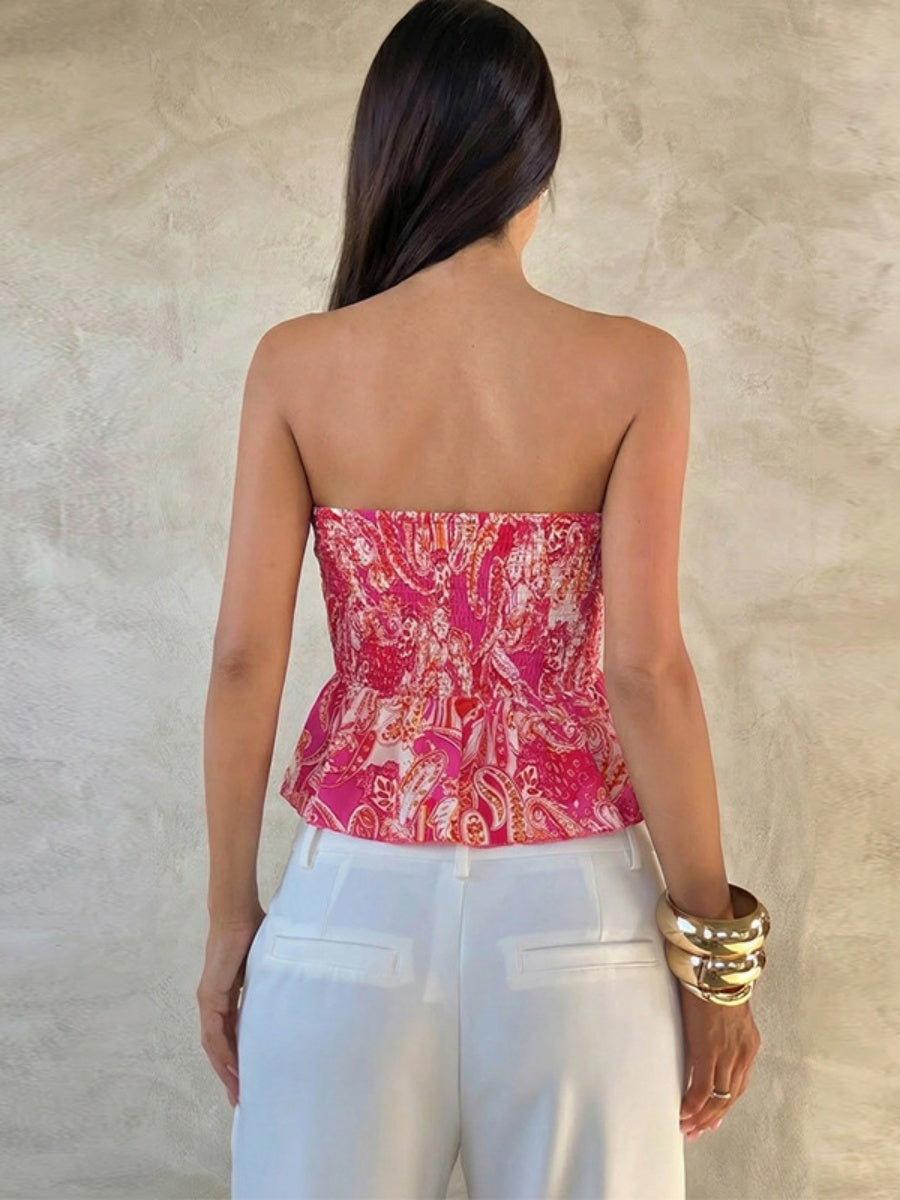 Sleeveless Strapless Dress With Gathered Waist And Ethnic Print