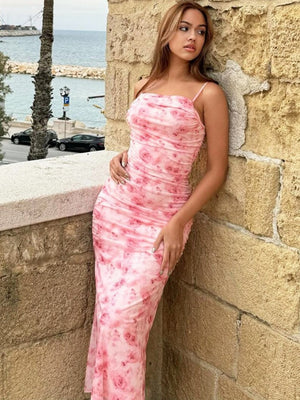 Camisoles Hip-hugging Pleated Color Maxi Dresses