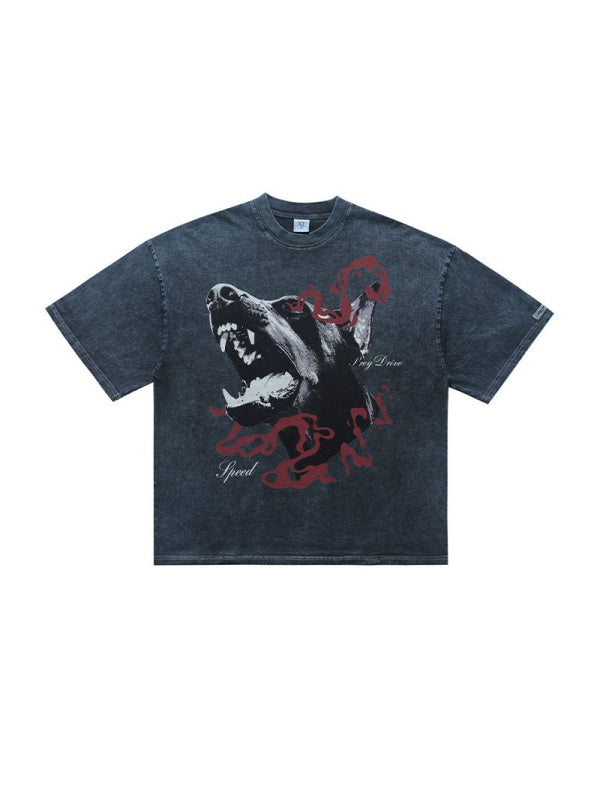 Washing Water Distressed Doberman Pinscher Printed Loose-fit T-shirts