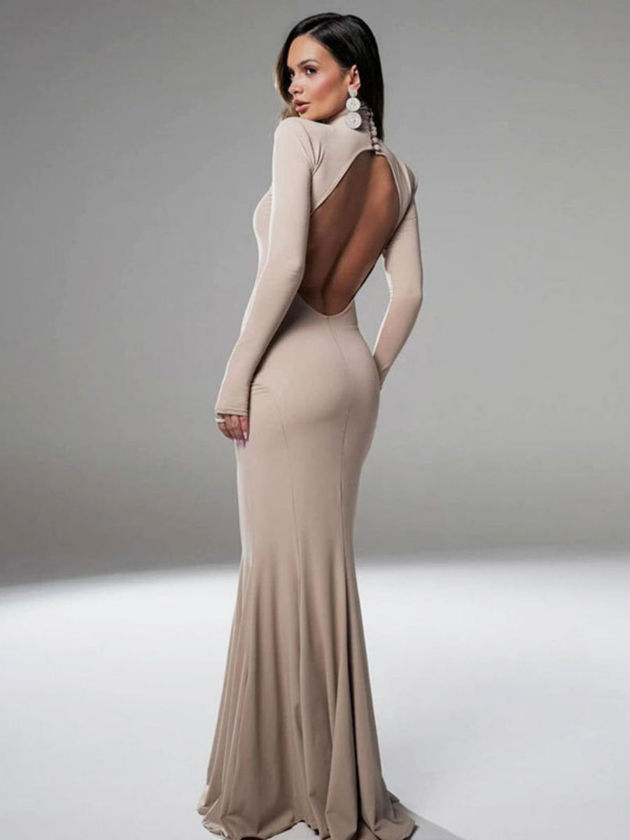 Long-sleeved Open Back Fishtail Character Cocktail Maxi Dress