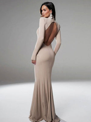Long-sleeved Open Back Fishtail Character Cocktail Maxi Dress