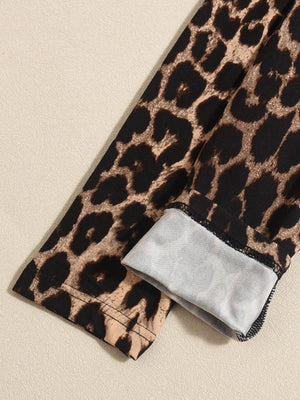 Liber Leopard Print Navel Exposed Drawstring Long-sleeved T-shirt