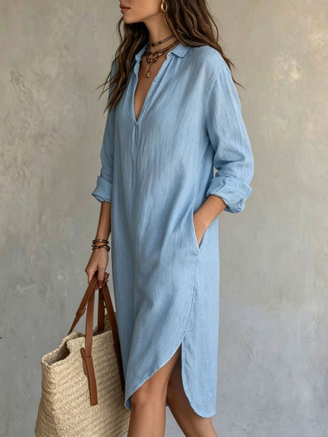 Loose-fitting Mid-length French Linen Shirt Dress With Slits