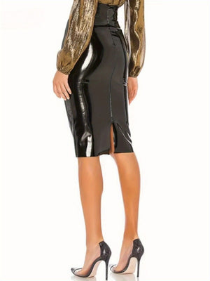 Glossy PU Leather Bodysuit With Slits Skirts