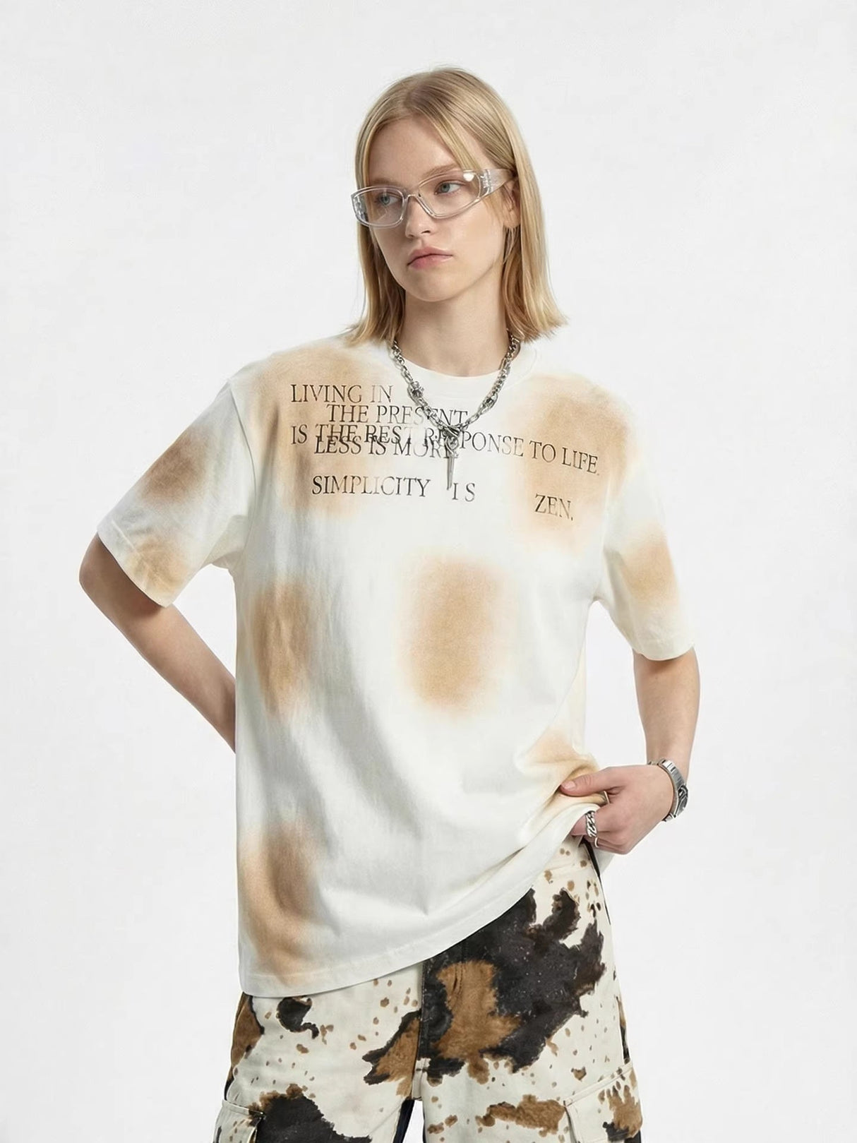 Cotton And Linen Printed Color-blocked Letter T-shirts