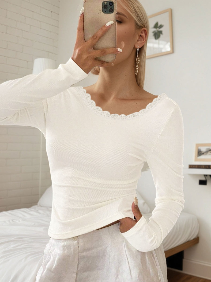 Sexy Backless T-shirt With Lace Trim And Ribbed Details