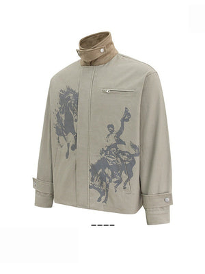 Printed Contrasting Colors Lapel Loose Work Jacket