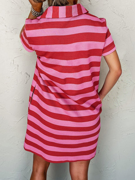Stripes Color Matching Polo Collar Pocket Short-sleeved Midi Dress
