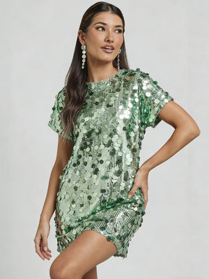 Sequins Crew Neck Short Sleeve Mini&Short Dresses