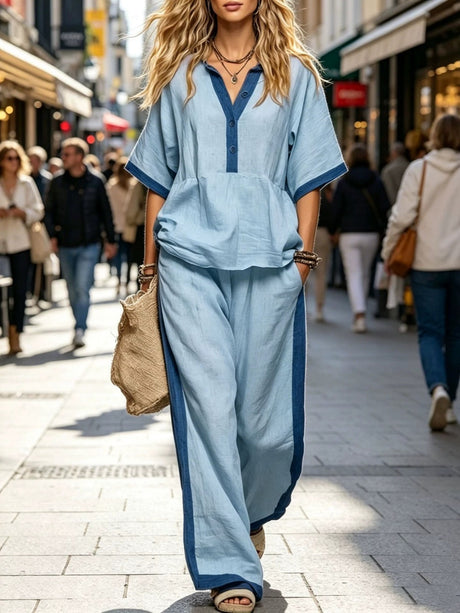 V-neck, Three-quarter Sleeve, Loose-fitting Solid Color Top With Elastic Waist And Loose Wide-leg Pants Two-piece Set