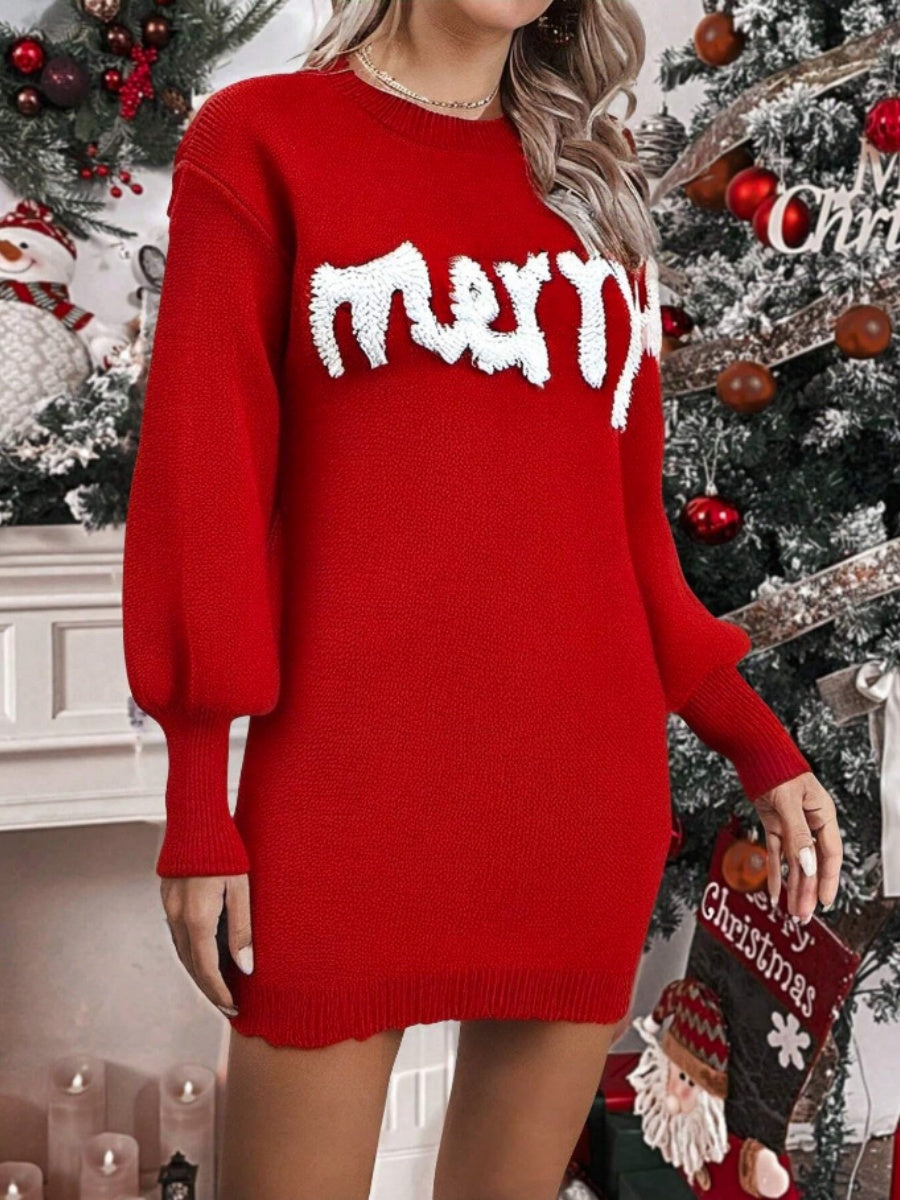 Christmas Letter Crew Neck Sweaters Knitting Mini&Short Dresses