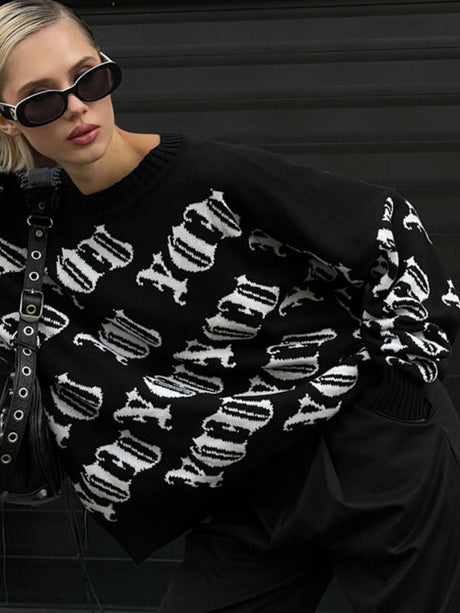 Liber Autumn women's retro fashion European and American rock print pullover sweater
