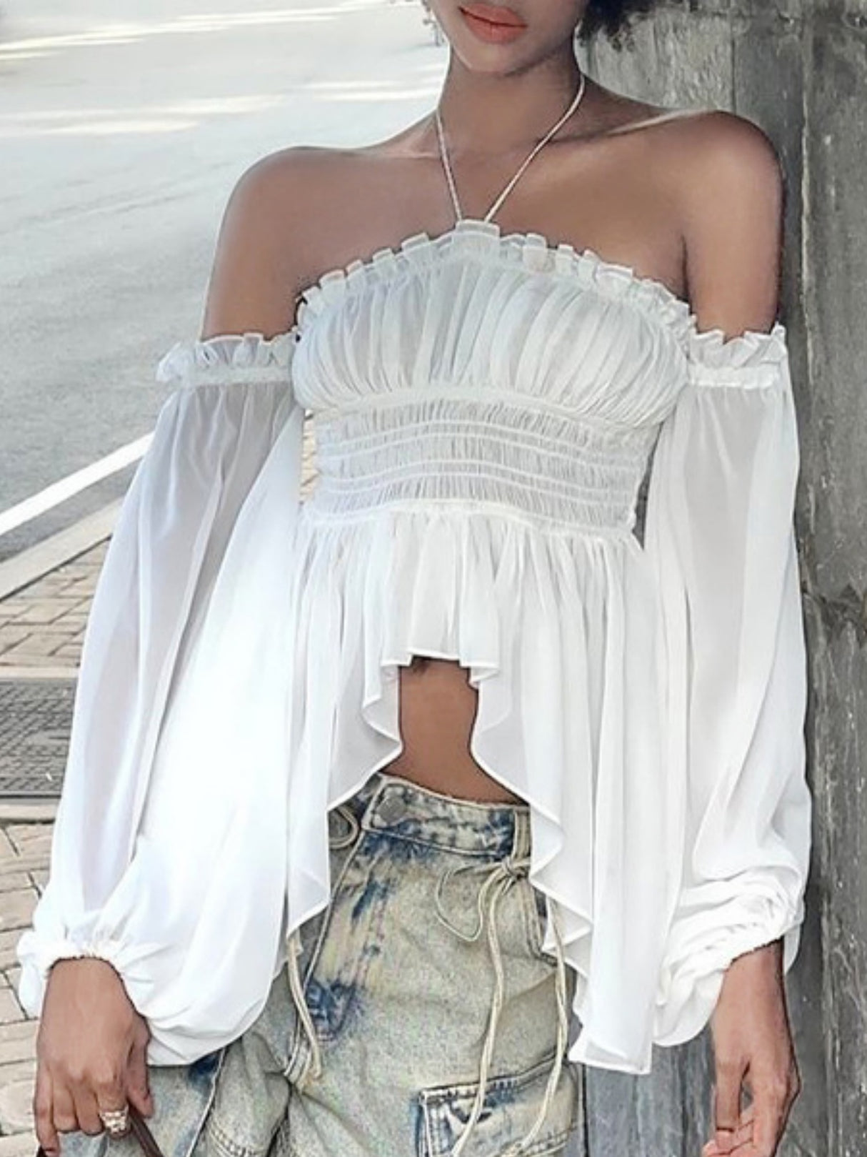 Ruffle Pleated Mesh See-through Off-shoulder Lantern Long Sleeves Neckband T-shirts