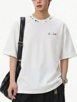 Color-blocked Colorful Embroidery Loose-fit T-shirts