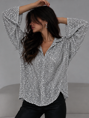 Stylish Sequined Long-sleeved Collared Casual Shirt