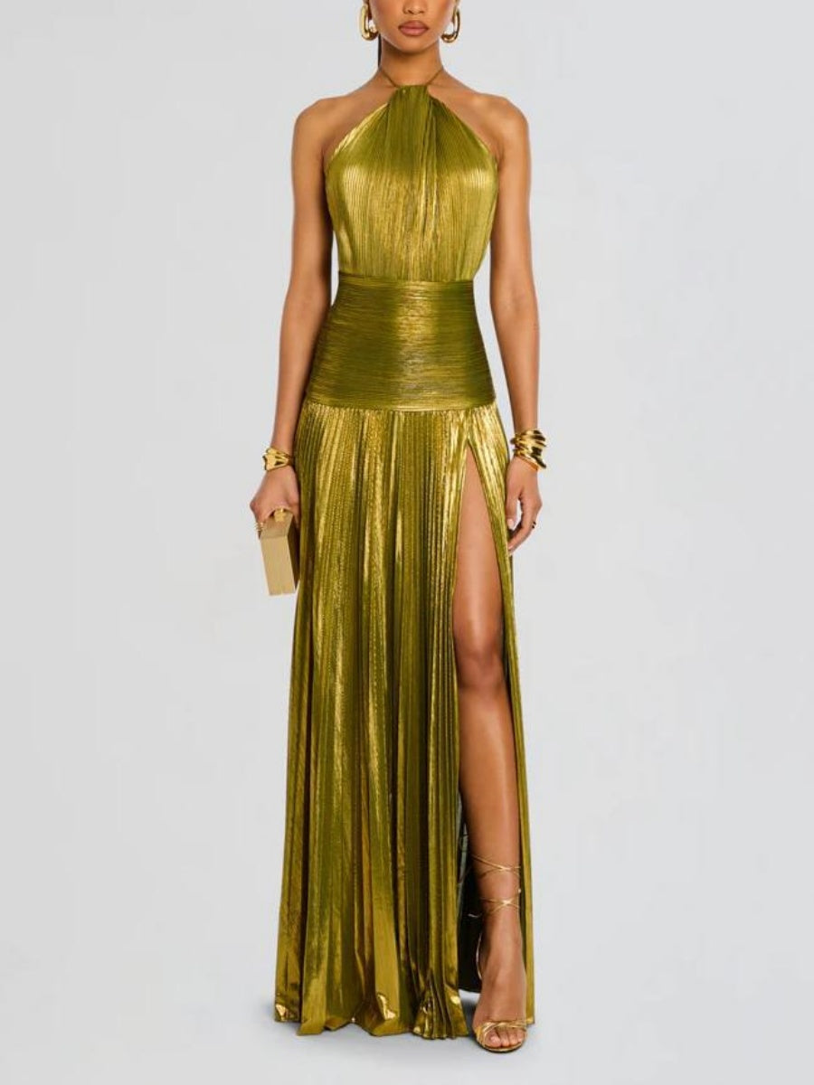 Metallic Halter Neck Style Crimp Slit Thin Strap Sleeveless Backless Cocktail Party Parties Formal Dress Long Dress