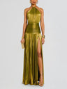Metallic Halter Neck Style Crimp Slit Thin Strap Sleeveless Backless Cocktail Party Parties Formal Dress Long Dress