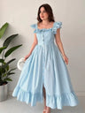 Square Collar Ruffle Button Slit Big Swing Sweet Maxi Dresses