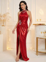 Robe de soirée brillante en velours sans manches à fente haute ornée de strass