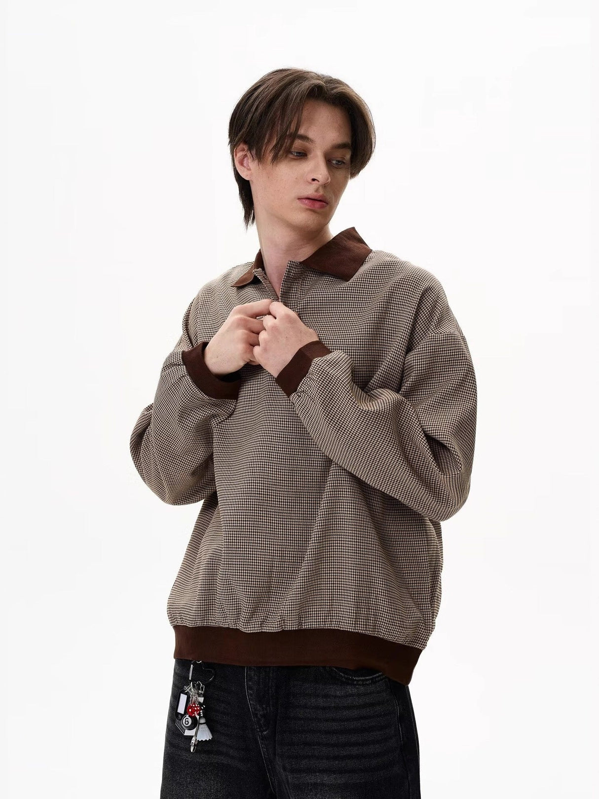 Plaid Color-blocked Collar Lapel Sweatshirts