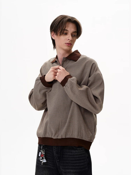 Plaid Color-blocked Collar Lapel Sweatshirts