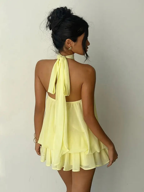 Chiffon Ruffle Halter Neck And Backless Mini&Short Dresses