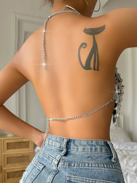 Heart-shaped Sequins Spliced Open Back Sexy Tank Tops&Camis