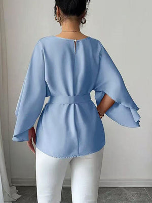 Blue Bell Sleeves With Belt Chiffon Shirt