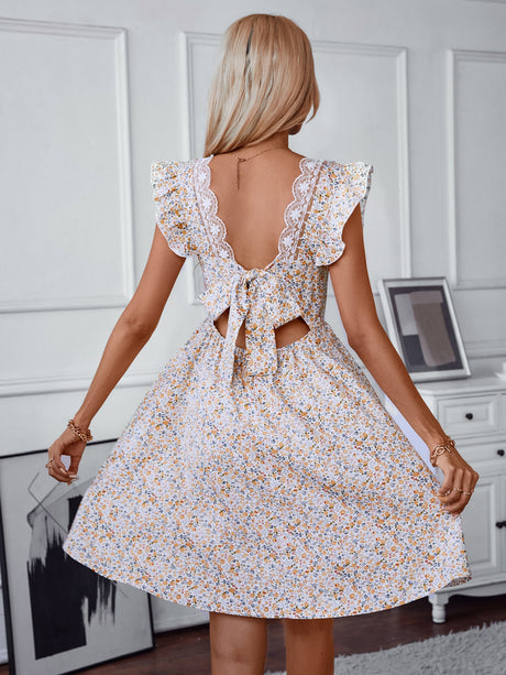 Printed Lace-up Backless V-neck Ruffled Sleeves Mini&Short Dresses