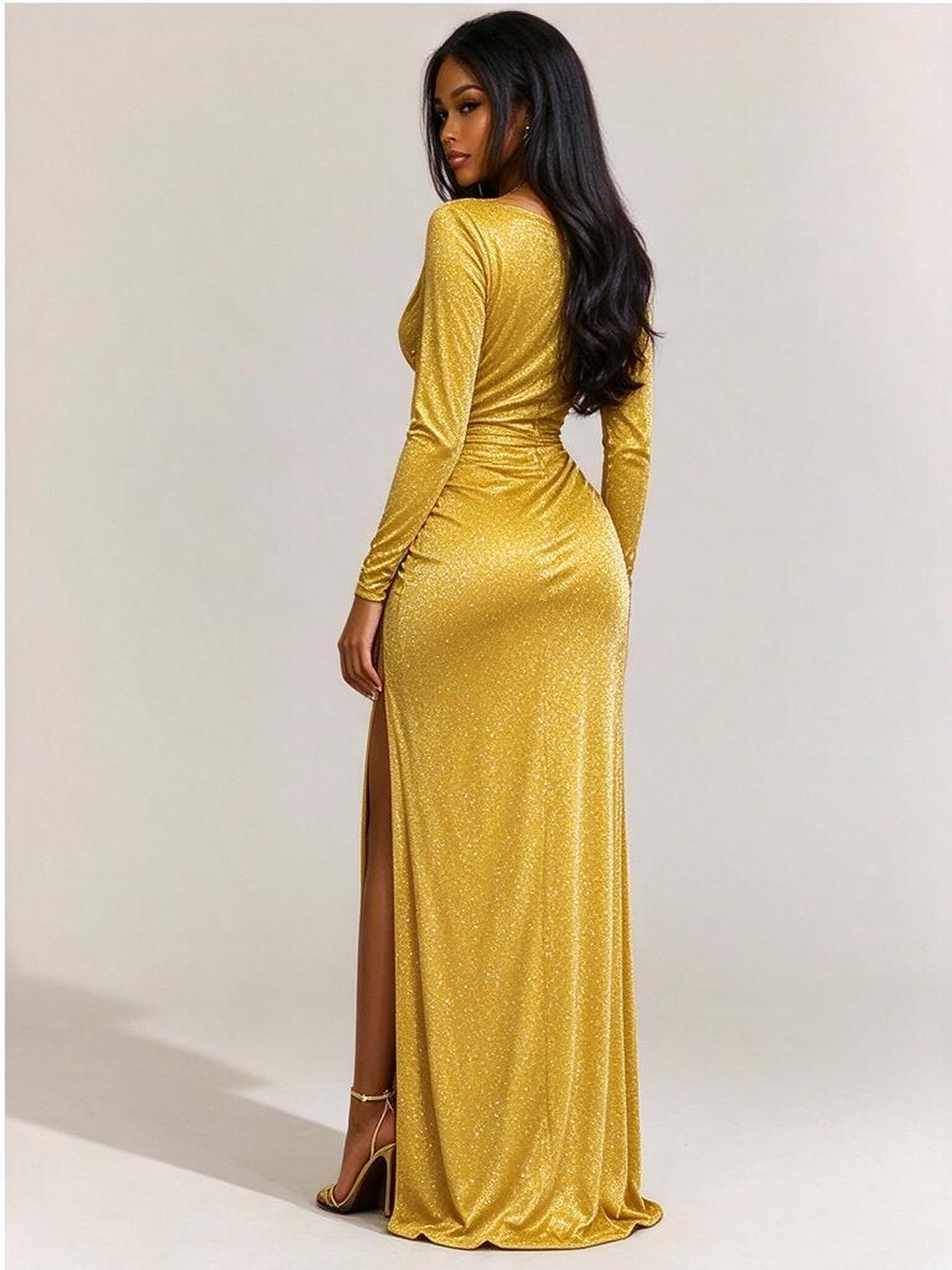 Slit Waist Fitted Zipper Solid Color Long Sleeve Dress