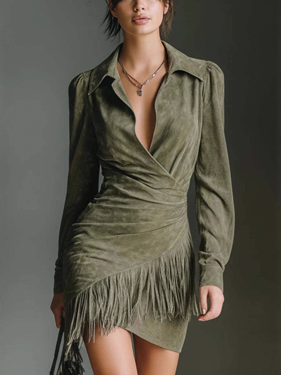 Western Cowboy Style Suede Tassel Slim-fit Long Sleeve Mini&Short Dresses