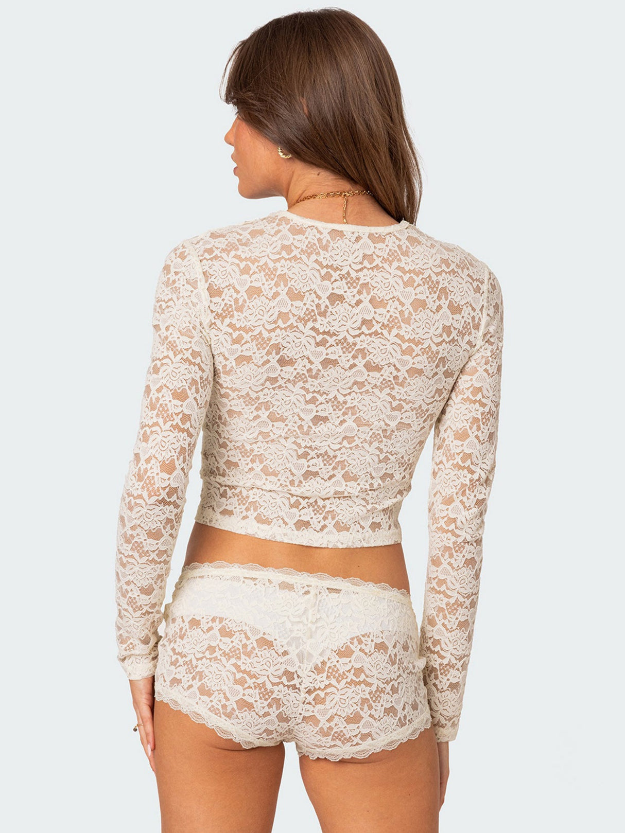 Lace See-through Sexy Mesh Round Neck Long-sleeved Top