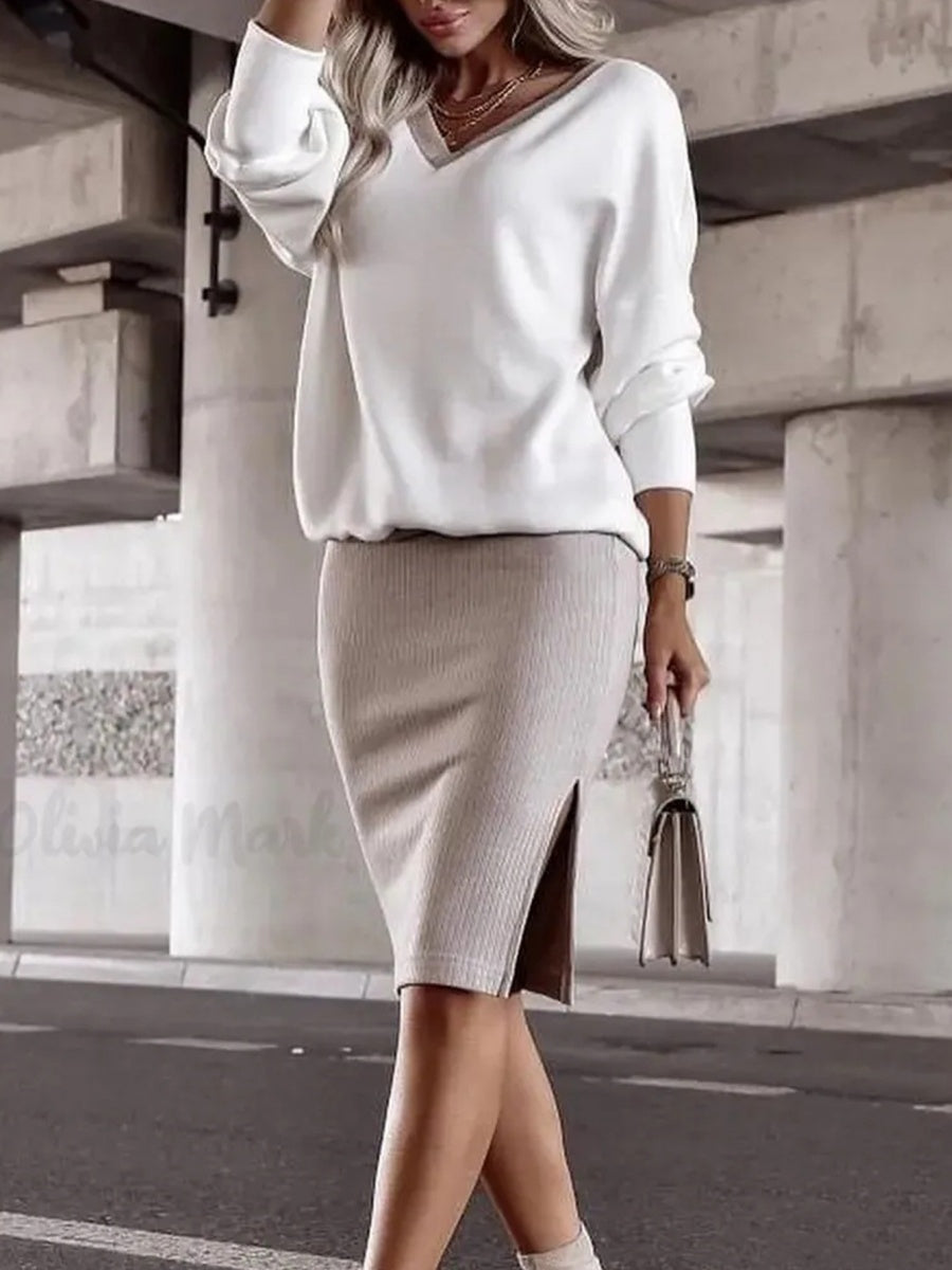 Loose-fit V-neck Sweatshirts&Hoodies Hip-hugging Slit Skirt Set 2-piece Sets