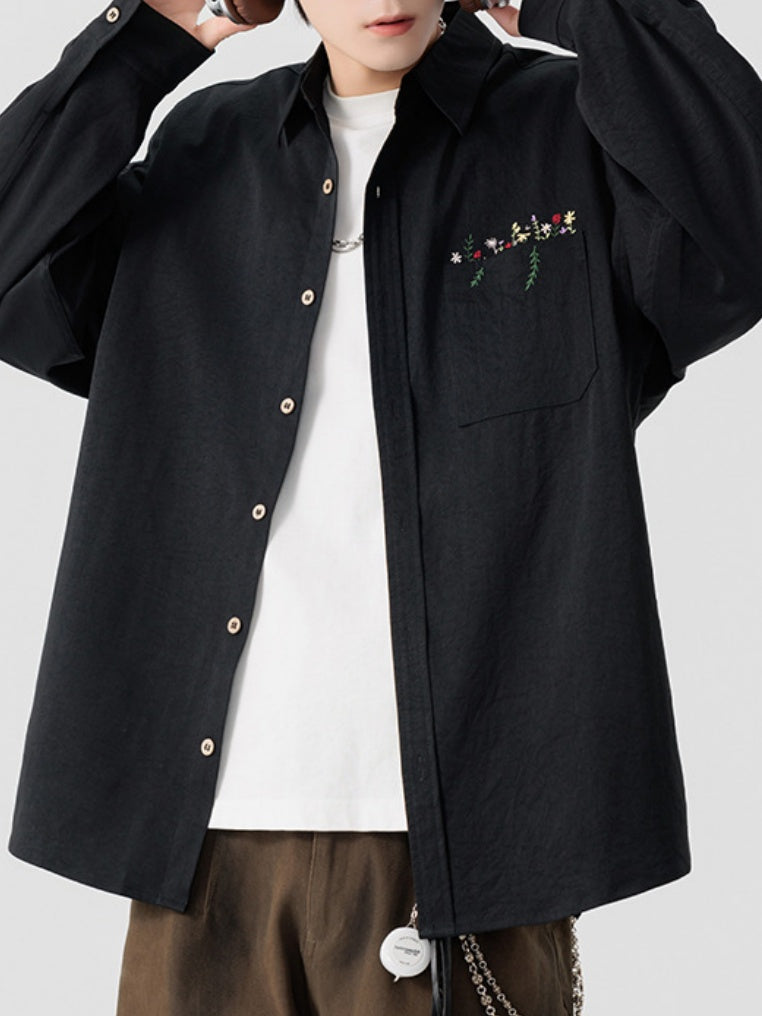 Simple Floral Embroidery Stripes Shirts