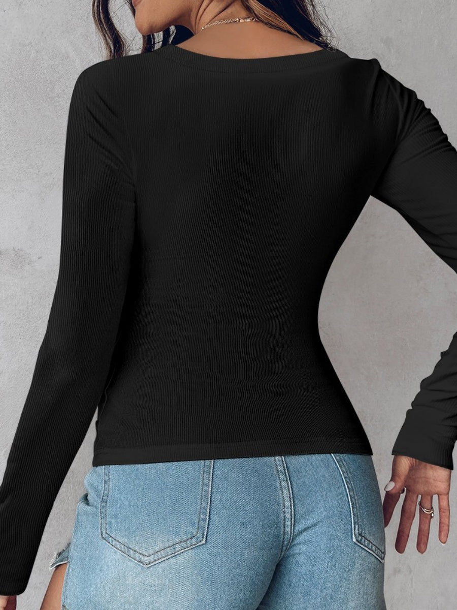 T-shirts à manches longues unis, col en U et soutien-gorge intégré