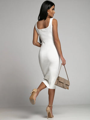 Off-shoulder Sleeveless U-neck Bodycon Ribbed Stripe Midi Dresses