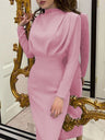 High Neck Style Gathering Long Sleeve Hip-hugging Dinner Cocktail Maxi Dress