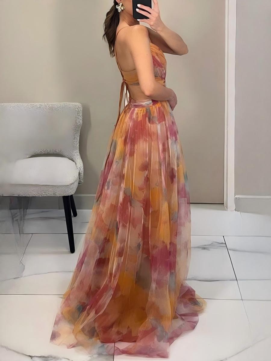 Mesh Floral Print Long Dress