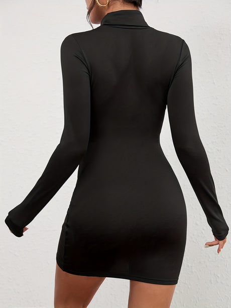 Black Brushed Turtleneck Slim-fit Short Dress