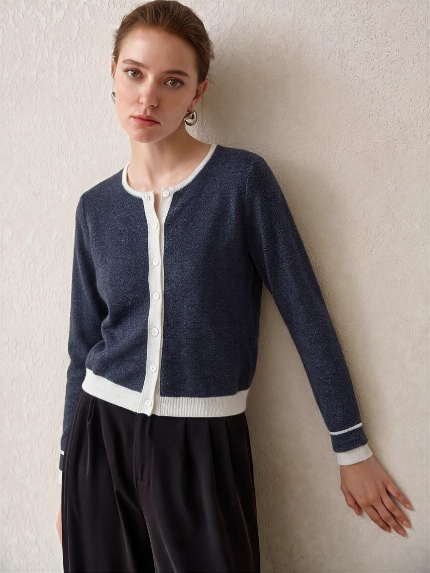 100% Wool Color Block Crew Neck Knit Cardigan